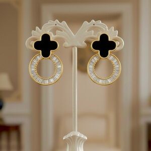 14K Gold Plated Four-leaf Clover Cubic Zirconia Stud Earrings New